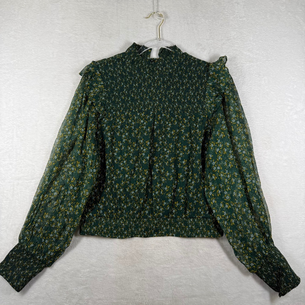 Free People Dark Green Floral Smocked Mock Neck Blouse OB1069086 M